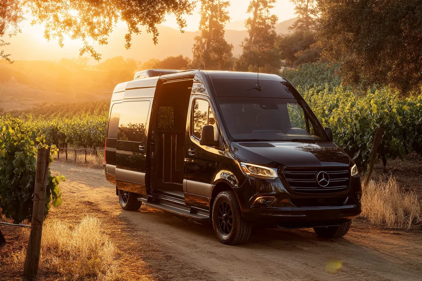 Our chauffeured Sprinter beside the vines